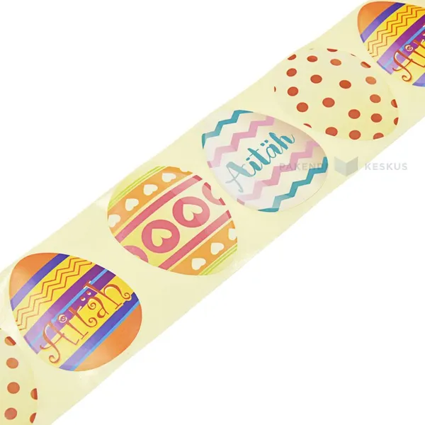 Colourful Easter egg-shaped stickers with print 48x60mm, 50pcs/roll