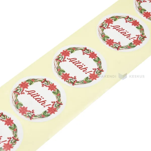 Valge jõulutähtedega pärjaga kleebisetikett Aitäh! diameeter 47mm, rullis 50tk