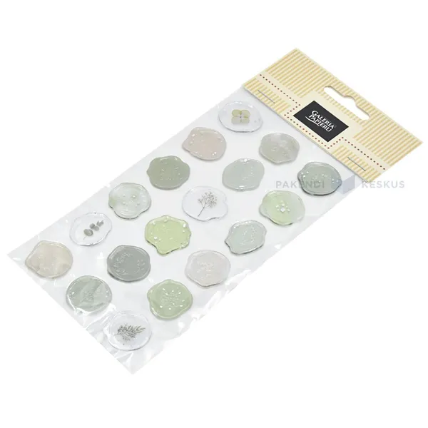 Different light-green stamp-shaped stickers diam. 20mm, 18pcs/pack