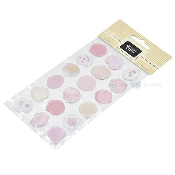 Different pink stamp-shaped stickers diam. 20mm, 18pcs/pack