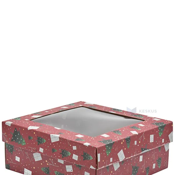 Red trees and gifts print lid 190x190x35mm with window for mini corrugated carton box 190x190x80mm
