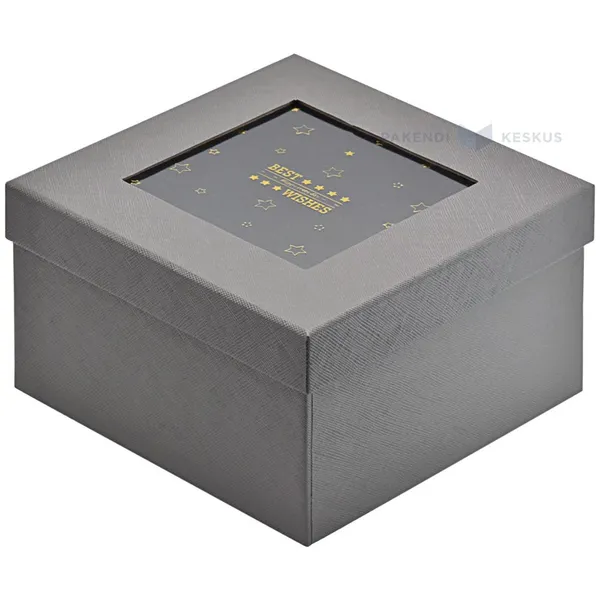 Grey gift box with Best Wishes print window 200x200x120mm