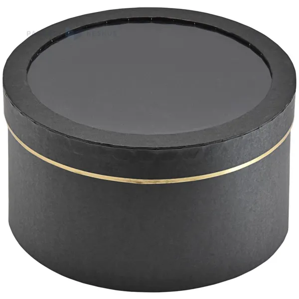 Black rounded gift box with black lid with window diam. 235mm height 128mm
