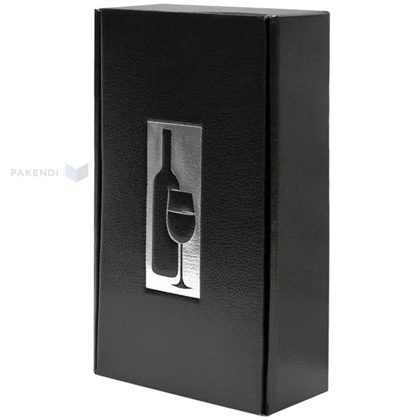 Must hõbedase veini ja pokaali pildiga kinkekarp kahele veinile 185x90x340mm