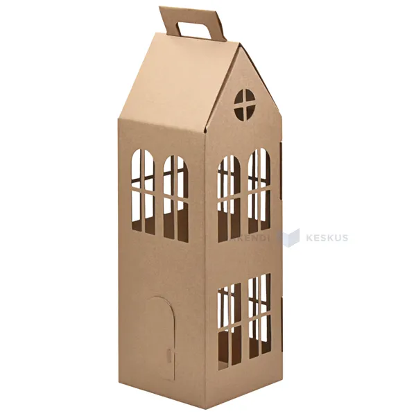 Maja-kujuline pruun lainepapist kinkekarp 130x130x320mm