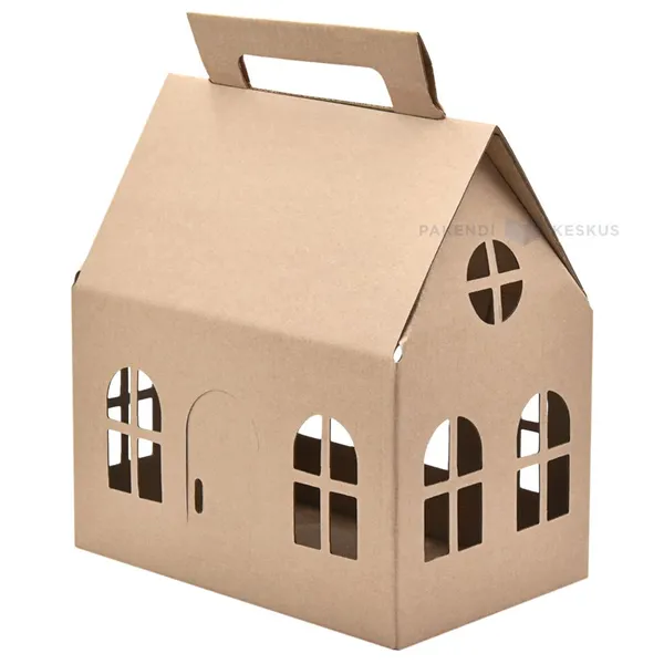 Maja-kujuline pruun lainepapist kinkekarp 202x129x123mm