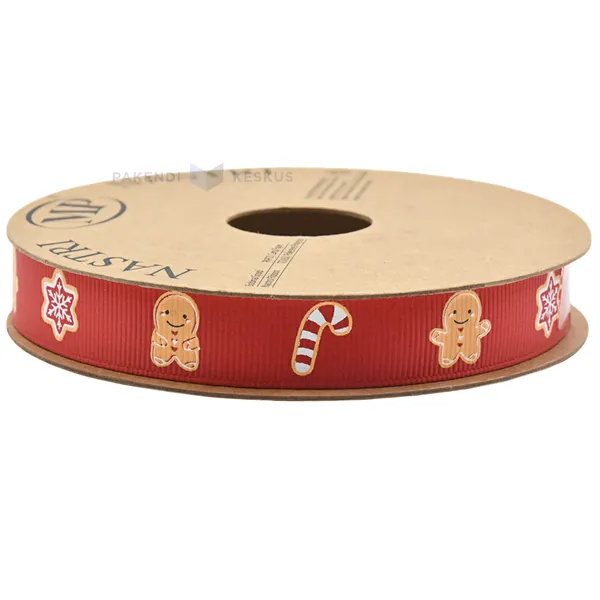 Red with ginger bread snowflake and candy ribbon 15mm wide, 15m/roll