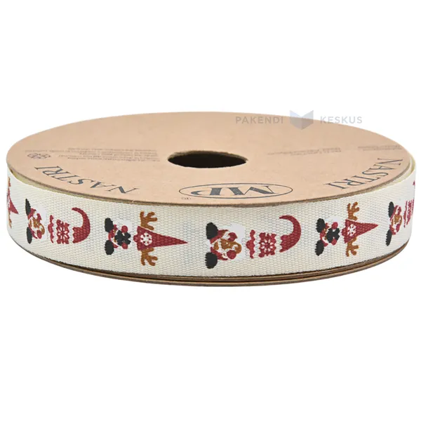 Natural white with elves print woven ribbon 15mm wide, 15m/roll