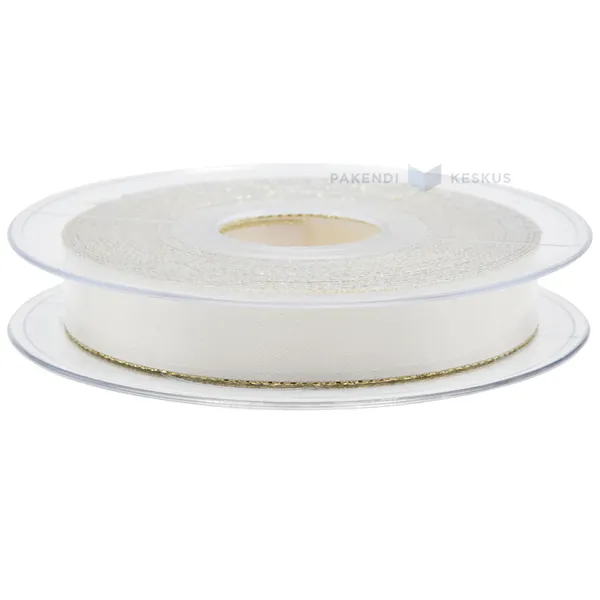 Beige with silvery edges satin ribbon 15mm wide, 20m/roll