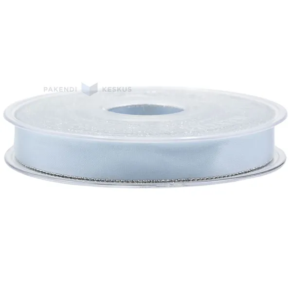 Light blue with silvery edges satin ribbon 15mm wide, 20m/roll