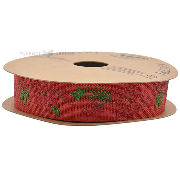 Red with poinsettia print polyester ribbon 21mm wide, 10m/roll