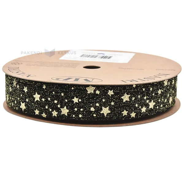Black with golden stars velvet ribbon 25mm wide, 10m/roll