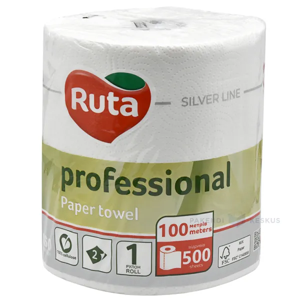 2-slāņu papīra dvielis Ruta Professional, 22,5 cm plats, 100 m/rullī (500 loksnes)