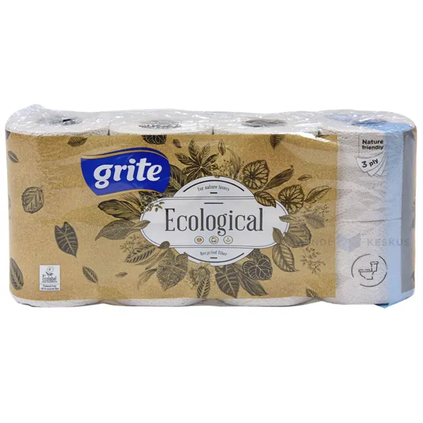 3-kihiline tualettpaber Grite Ecological 9,2cm lai rullis 14,85m, pakis 8rulli