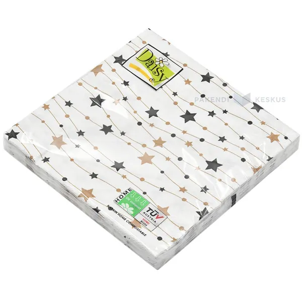 3-kihiline mustade ja kuldsete tähtedega salvrätik 33x33cm, pakis 20tk