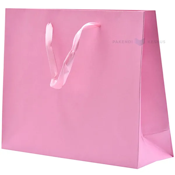 Pink paper bag with ribbon handles 25+8x20cm