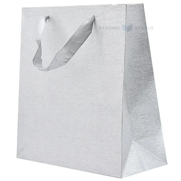 Spīdoši sudrabots papīra maiss ar lentes rokturiem 25+10x25cm