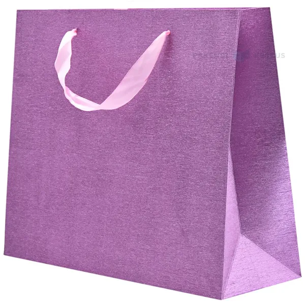 Shiny pink paper bag with ribbon handles 32+11x26cm