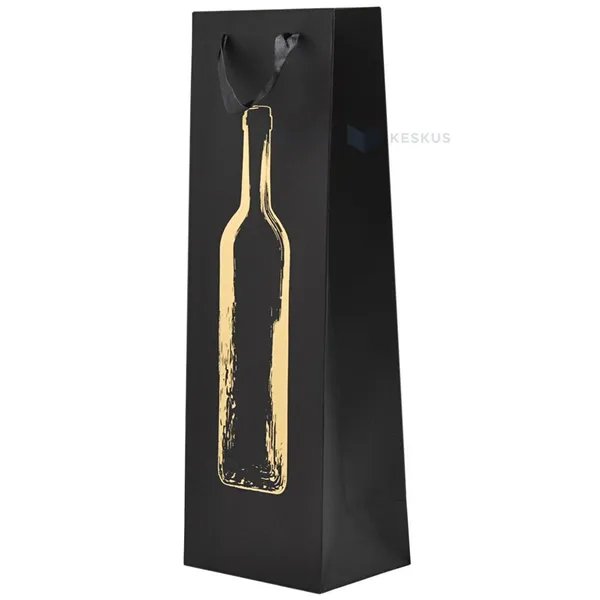 Paelsangaga veinipudeli kontuuriga must kinkekott veinile 10,5+10,5x36cm