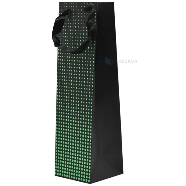 Paelsangaga roheliste täppidega must kinkekott veinile 10,5+10,5x36cm