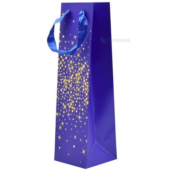 Golden stars and dots print blue paper bag for wine with ribbon handles 10,5+10,5x36cm