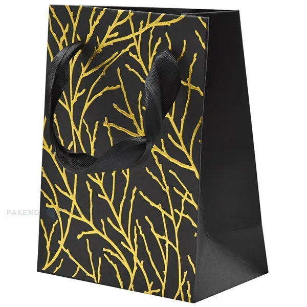 Golden branches print black paper bag with ribbon handles 11+6x14cm