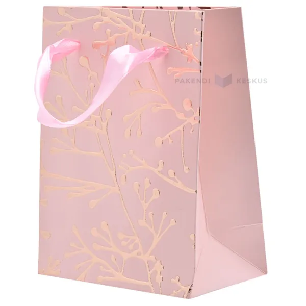 Golden branches print pink paper bag with ribbon handles 11+6x14cm