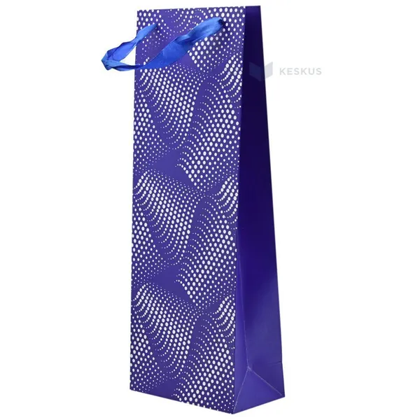 Wavy pattern print blue paper bag for wine with ribbon handles 15+8x40cm