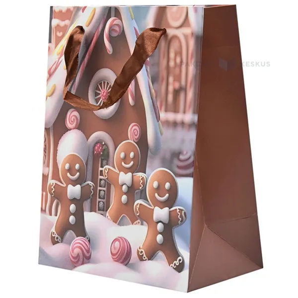Gingerbread men and house print paper bag with ribbon handles 18+10x23cm