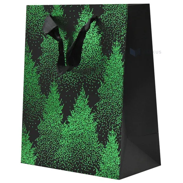 Paelsangaga roheliste kuuskedega must kinkekott 18+10x23cm