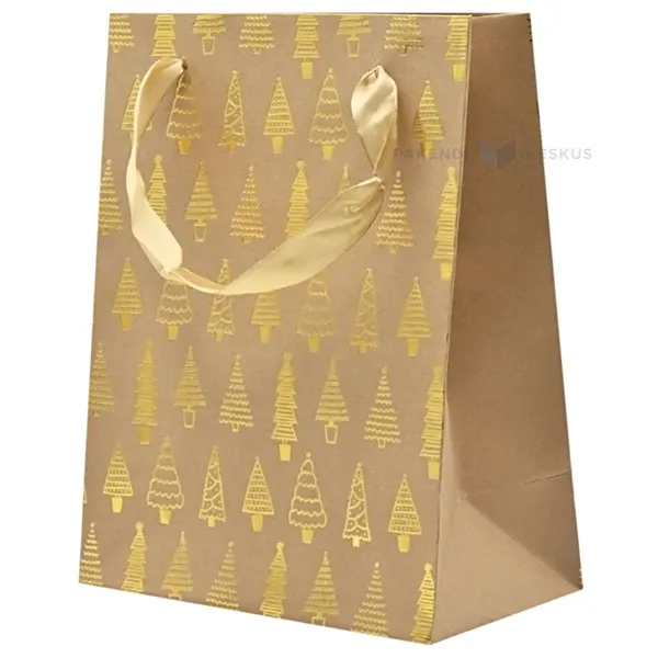 Paelsangaga kuldsete kuuskedega kraft kinkekott 18+10x23cm