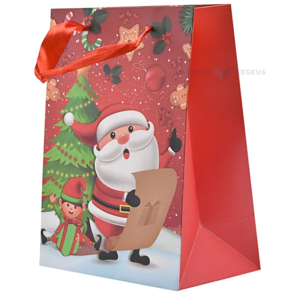 Paelsangaga jõuluvana, kuuse ja päkapikuga punane kinkekott 18+10x23cm