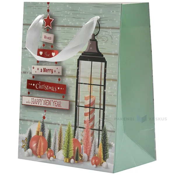 Paelsangaga roheline laterna ja kuuskedega kinkekott 18+10x23cm