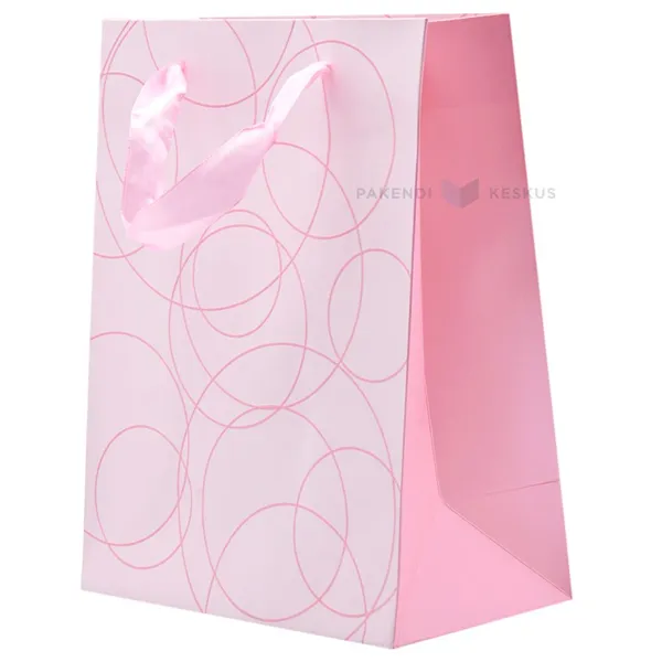 Pink circles pink paper bag with ribbon handles 18+10x23cm