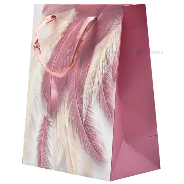 Paelsangaga roosade ja beezide sulgedega kinkekott 18+10x23cm