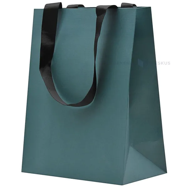 Dark greenish gift bag with black ribbon handles 18+10x23cm
