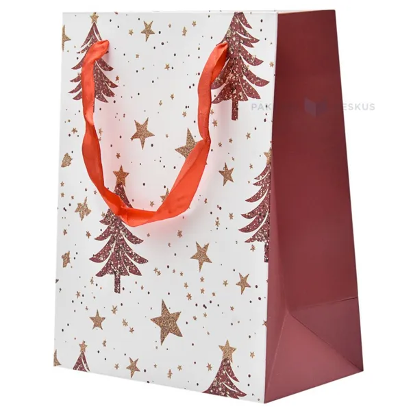 Paelsangaga punaste kuuskede ja tähtedega valge kinkekott 18+10x23cm