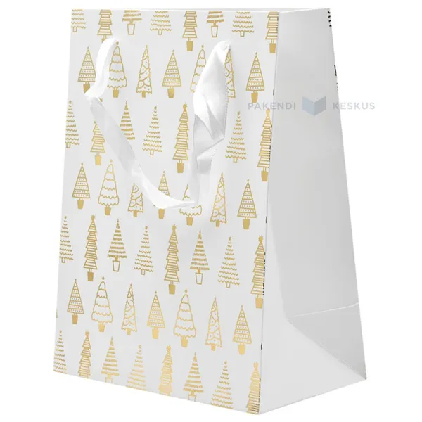 Golden trees print white paper bag with ribbon handles 18+10x23cm