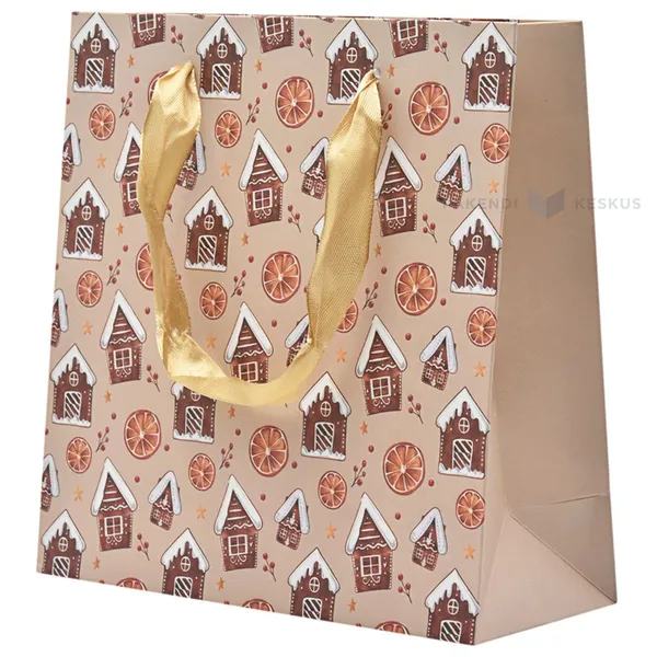 Paelsangaga piparkoogimajade ja apelsinidega beez kinkekott 20+8x20cm