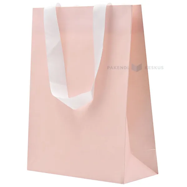 Valgete paelsangadega heleroosa kinkekott 20+8x25cm