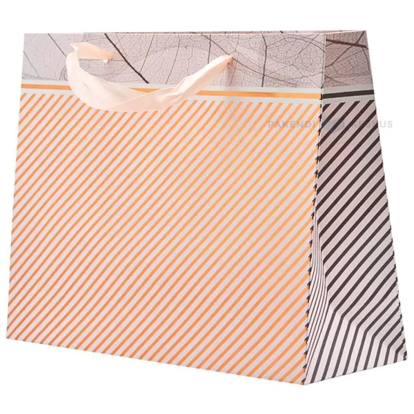 Paelsangaga triipudega ja lehemustriga kinkekott 25+8x20cm