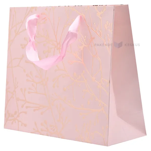 Golden branches print pink paper bag with ribbon handles 25+8x20cm