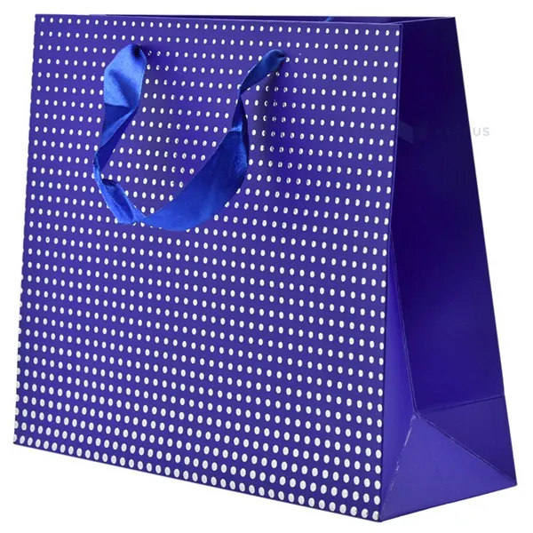Silvery dots blue paper bag with ribbon handles 25+8x20cm