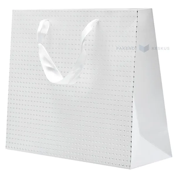 Silvery dots white paper bag with ribbon handles 25+8x20cm