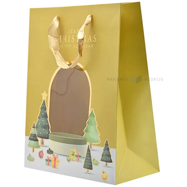 Trees and presents print golden paper bag with window and ribbon handles 26+12x32cm