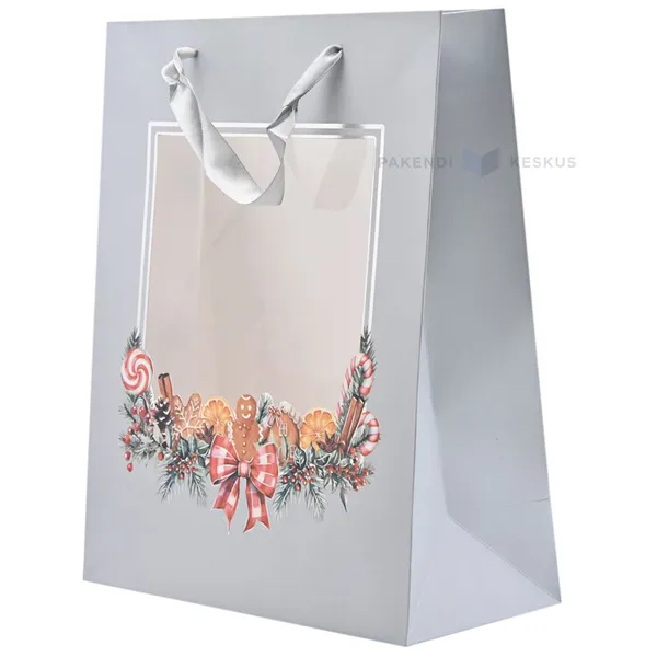 Paelsangaga kaunistuste ja piparkoogiga hall aknaga kinkekott 26+12x32cm