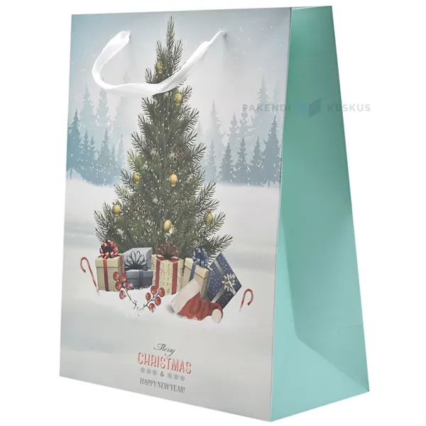 Tree and gifts in forest print paper bag with ribbon handles 26+12x32cm