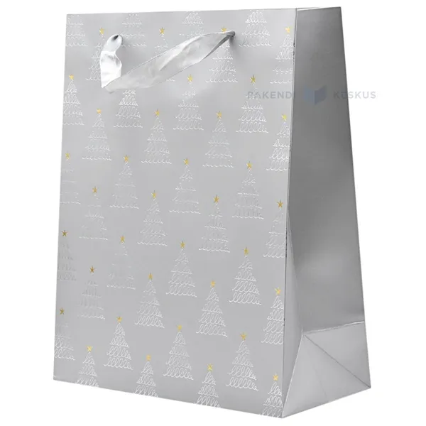 Silvery striped trees print gray paper bag with ribbon handles 26+12x32cm