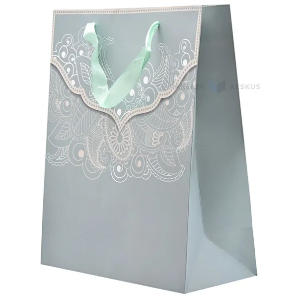 Lace pattern print grayish-green paper bag with ribbon handles 26+12x32cm