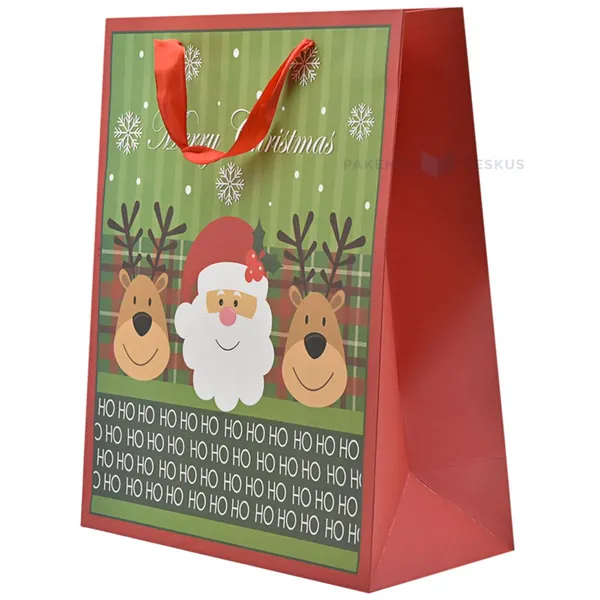 Santa Claus and moose HO print paper bag with ribbon handles 26+12x32cm